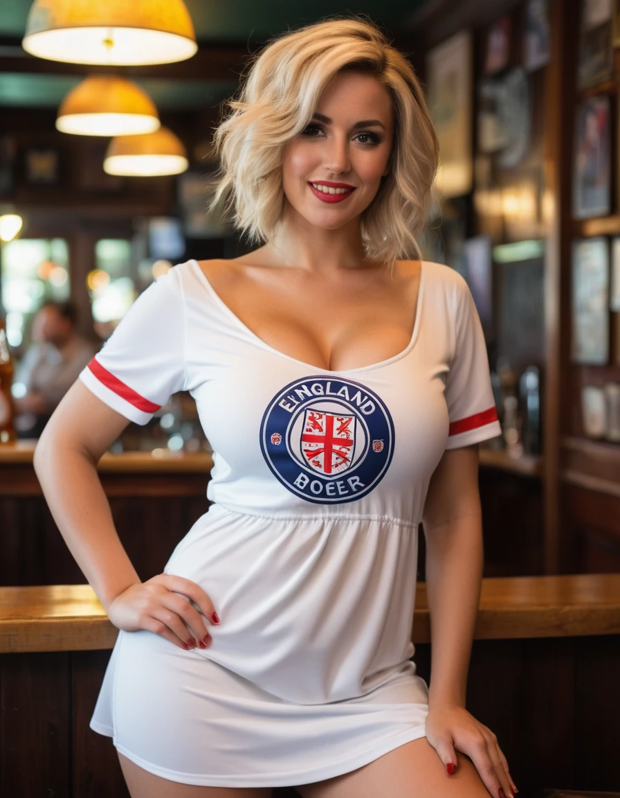 shy girl, hair covering her eyes, wearing an England 2024 soccer shirt as a dress, bashful pose, upskirt, there is a shy woman in a very provocative pose wearing a England soccer shirt standing in a pub holding a glass of beer with panties showing, candid pose, candid picture, faint smile, looking towards the floor, head bent forward, looking away from camera, portrait, upskirt, panties, standing in a pub holding a glass of beer, messy bob hairstyle, string panties upskirt, massive breasts, gorgeous view, stunning view, orgasm face, orgasm, mouth open, gasping, ecstasy , wearing a floaty sun dress, high heel wedges, sandal heels, faint smile, hands on her breasts, hands holding her breasts, very sexy pose, ready to be fucked, inviting pose, inviting for sex, seductive pose, very attractive, breathless pose, sexy face, dreamy scene, dimly lit, firmly holding her breasts, hands on her breasts, pushing her breasts together, backlighted, wonderbra, back lit, curvy accentuated booty, cleavage enhancing breasts, very large breasts, deep cleavage, flirty pose, sensual pose, seductive pose, confrontation pose, (messy bob hairstyle, white blond hair color), messy hairstyle, messy bob, messy hairstyle, white blond, 5 foot 3 inches tall, 110 pounds in weight, 34G breasts, large firm round breasts, very large breasts, cleavage, photorealistic, 4K, 8K, UHD