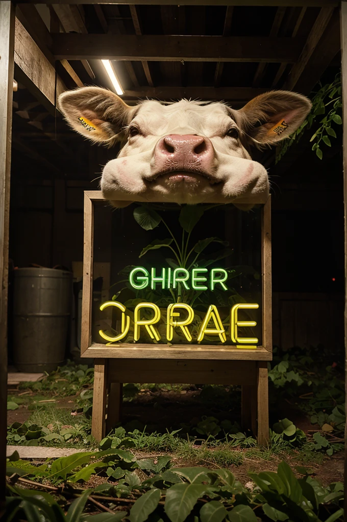 High-end advertising, (a Cow emerging from green leaf) with the gradiation 3d stylized text "RICO" written in big, Bold, artistic and dramatic with neon accents highlighting, and the medium text "FARM", Below it. White and brown. dynamic movement and eye-catching color contrast. the central elements stand out, with neon accents highlighting on the frame. Dark background.