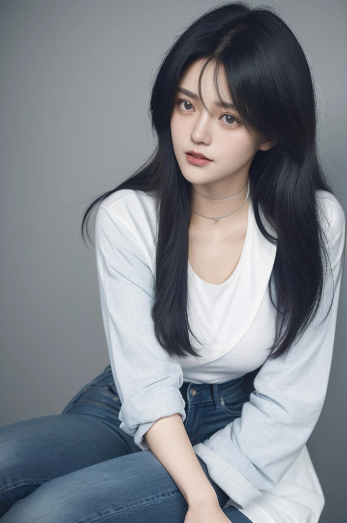 a 20 yo, curly bob hair, wearing white tshirt and jacket, jeans, soothing tones, muted colors, high contrast, natural skin texture, hyperrealism, soft light, sharp, retro poster as background, Dark Blue.  Standing.  Closing mouth. Wearing black stocking,  Black choker, (White background). Polaroid