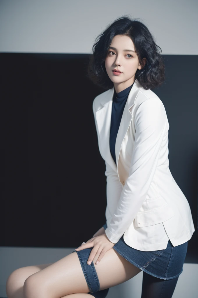 a 20 yo, curly bob hair, wearing white tshirt and jacket, jeans, soothing tones, muted colors, high contrast, natural skin texture, hyperrealism, soft light, sharp, retro poster as background, Dark Blue.  Standing.  Closing mouth. Wearing black stocking,  Black choker, (White background). Polaroid