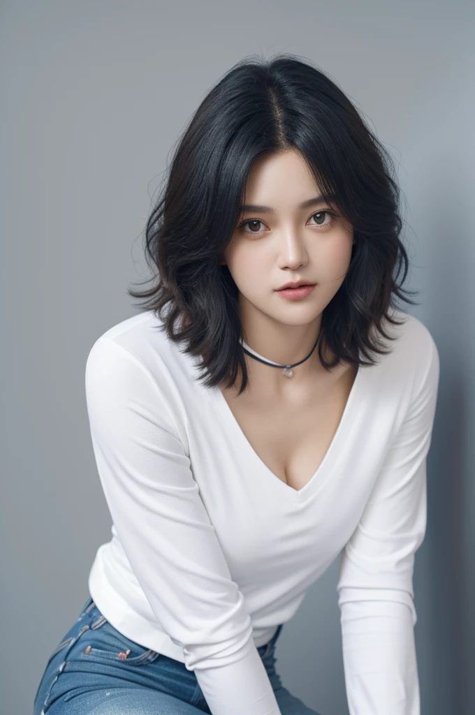 a 20 yo, curly bob hair, wearing white tshirt and jacket, jeans, soothing tones, muted colors, high contrast, natural skin texture, hyperrealism, soft light, sharp, retro poster as background, Dark Blue.  Standing.  Closing mouth. Wearing black stocking,  Black choker, (White background). Polaroid