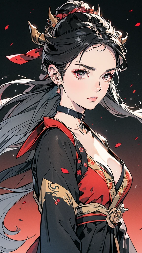 Seven Rhaeyar (Deylta), Ancient Star goddess, Perfect female anatomy (Royalty, Adult Female, 166cm in height, Cool pale skin, slim, slender, 34D breast size, Long Jet Black Hair, Gray Colored Iris , a set of Jet black colored horns on her head), Neutral facial expression, Elegant black uniform dress, female choker accessory with silver complimentary jewelry, dragon motifs, Black rope accessories, Simple Black Background, receiving light from the front, Slightly focusing on her face up close, Ethereal glow, Red Rose petals falling, Japanese inspired