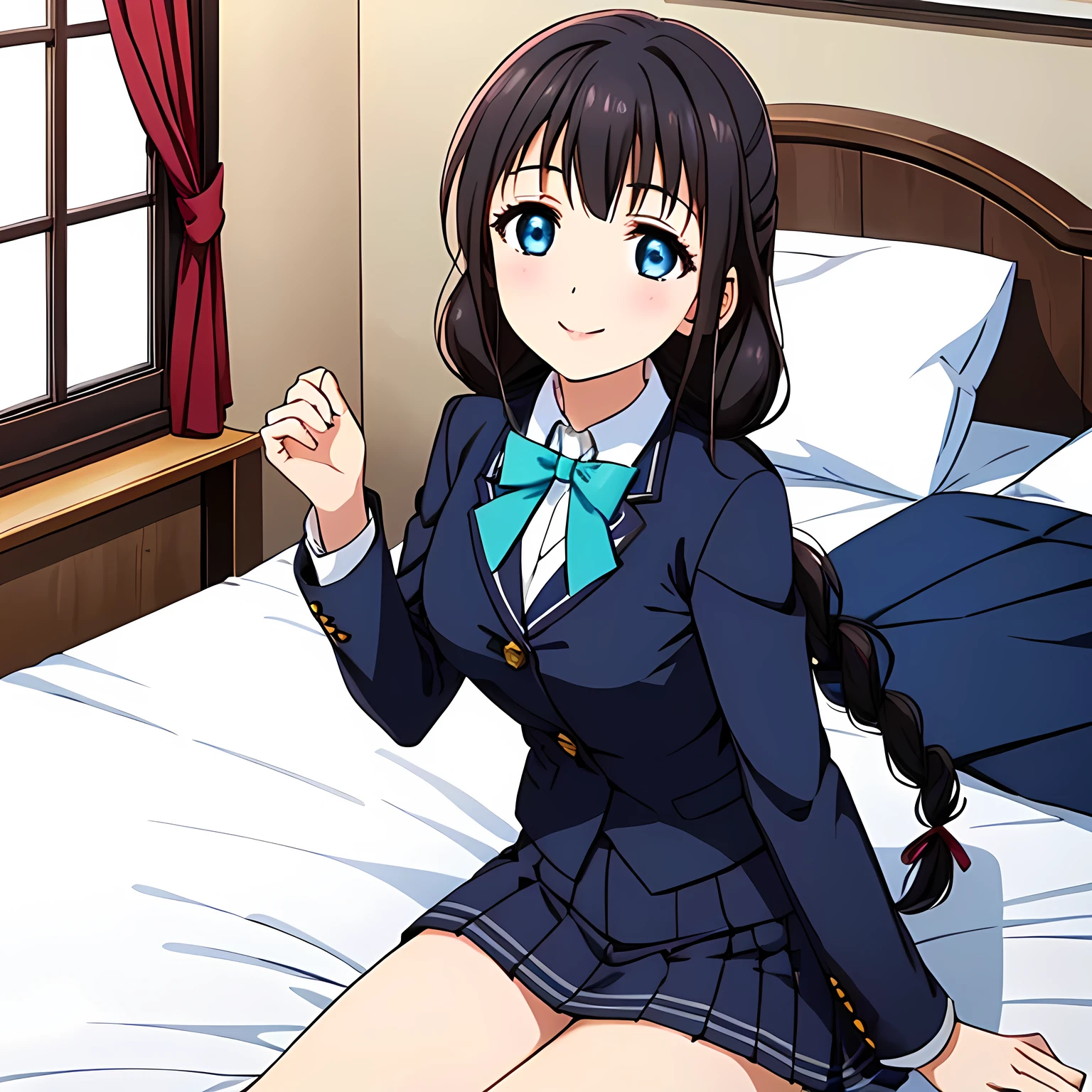 (highest quality, masterpiece:1.2), highest quality, High resolution, 1080p, 8K, Height: 158cm, ((High-definition game CG)), ((Like a beautiful girl dreaming of a game heroine、A very intelligent, very noble, pretty and pure beautiful girl.、Lie face down on the bed、With the best smile、Her white hands caress the bulge of the bed)), He tries to hide his shocked mouth with his hands., A face that everyone loves, Glossy lips, Even bangs, ((Very beautiful blue eyes)), The very large red shiny wide ribbon bowtie is very cute., ((Black Hair)), ((long twin braids)), (((A long, neat, dark navy blue checked pleated skirt))), (((Dark blue winter long sleeve blazer))), How to wear a neat uniform, Extremely lustrous, shiny game heroine lips, Mouth open, Ribbon in hair, Tight waist, slender, The ribbon is big and very pretty., Beautiful hair like a hair model, The background is a pitch black space, Long skirt