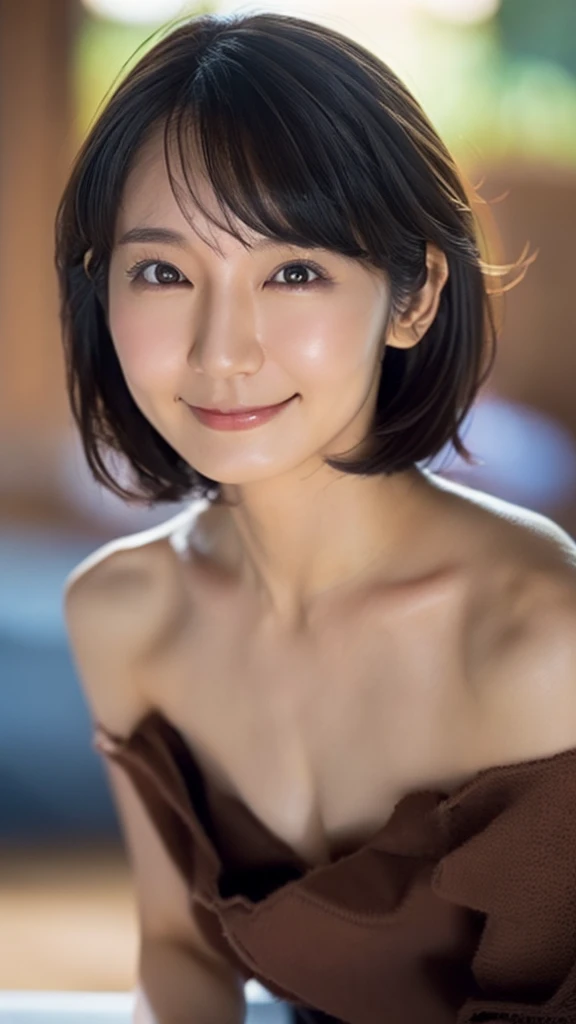 beautiful japanese woman, 30 years old, medium short length brown hair, medium sized breasts, beautiful detailed eyes, beautiful detailed lips, extremely detailed face, small head, small areola, smiling,cinematic lighting, photorealistic, 8k, high quality, hyper detailed, (rough skin:1.3), look at me, spread legs,riho yoshioka