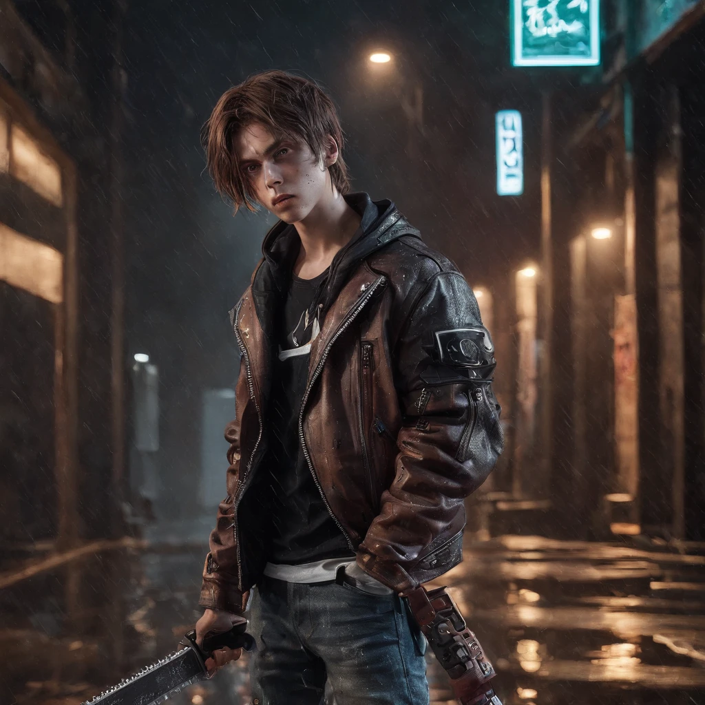 denji,1boy,messy brown hair,detailed facial features,intense expression,leather jacket,ripped jeans,holding a chainsaw,dynamic pose,urban setting,rain,moody lighting,dark colors,gritty atmosphere,cyberpunk,highly detailed,photorealistic,8k,best quality