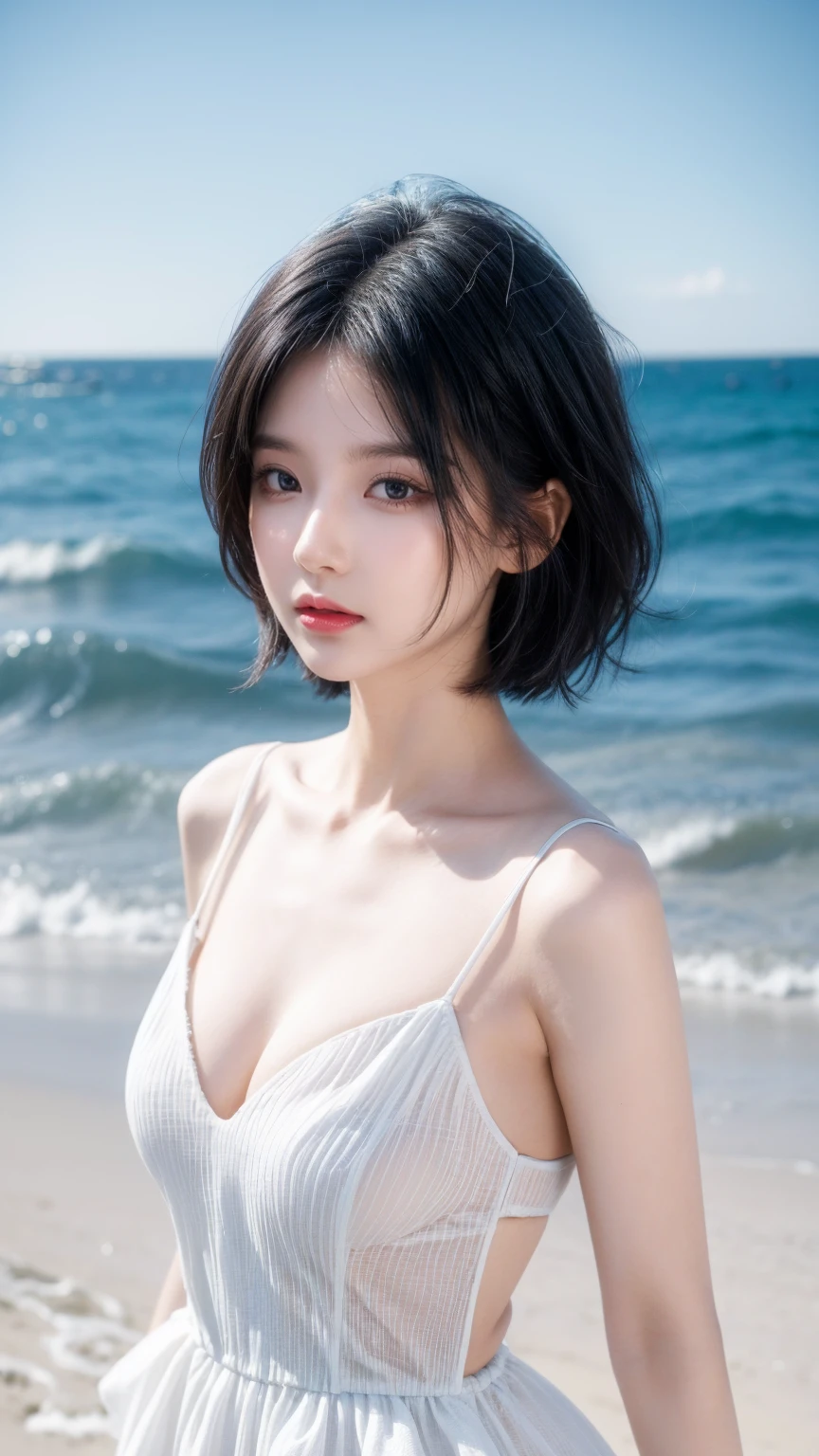 best quality, 1 Girl, dark blue hair, black eyes, Very short hair, Spiky hair, wears sweet white dress luxury，A cropped dress, 171 cm, Messy hair, Hair between the eyes, Medium breasts, full, Tomboy, aldult, 20 years old, A sweet girl by the beach