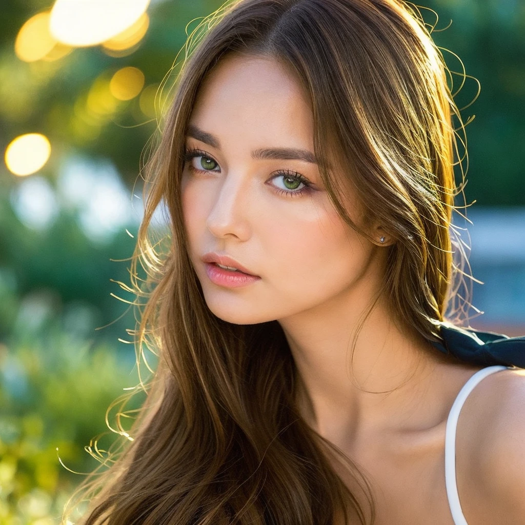 Young woman of Spanish origin, with straight brown hair, green eyes, in ibiza dj set