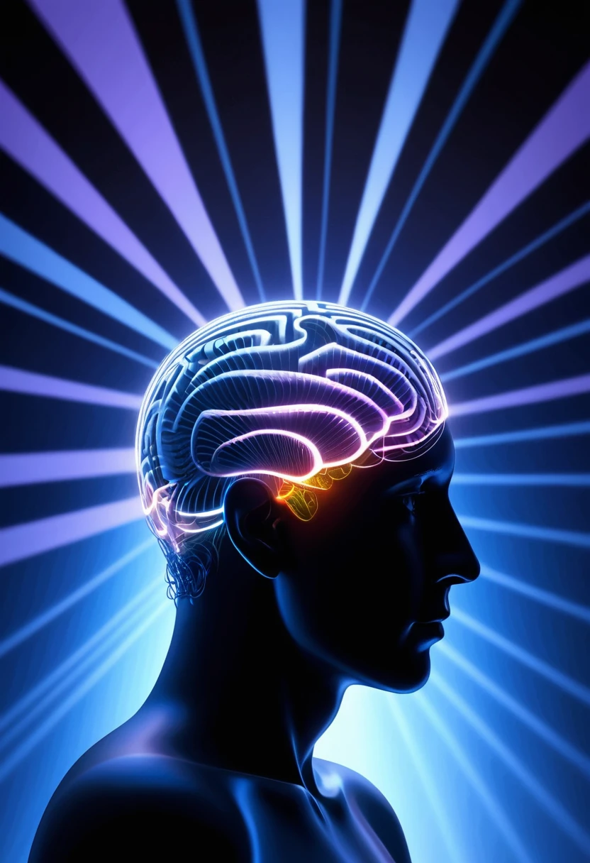 a close up of human mind illustration with rays around, cinematic lighting, glowing light, three sided view, perspective, Pixar, Surrealism, silhouette, cinematic lighting, image fill, from side, atmospheric perspective, Op art, Abstractionism, drop shadow, ray tracing, motion lines, Conceptual art, Pixar, Op art, Color Field painting, Op art, 360 view, three sided view, photomosaic, UHD