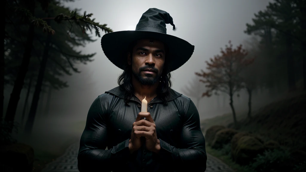 ((Masterpiece:1.2, Best quality)), (dark magic), 1man, Solo, (Witch hat), aurora, Night, Star (sky), mitts, sky, Night days, goaty beard, bald head, muscles, abstract colors, texture, film grain, skin pores:0.1 hasselblad dslr RAW photo, backlit intricate dramatic portrait of an handsome black bodybuilder wizard casting a spell, standing on medieval fantasy city (cobblestone street)1.2, foggy morning, cinematic movie still frame, (analog style)1.3 (film grain)1.3, (storm:1.2), (face focus:1.5), (bloom:1.1), Red glowing eyes,