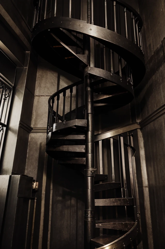 Very elegant and metallic dark Gothic style spiral staircase with many details.