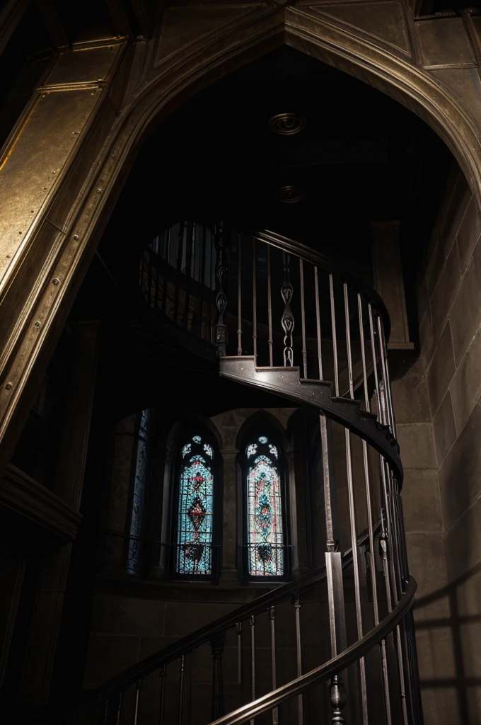Very elegant and metallic dark Gothic style spiral staircase with many details.