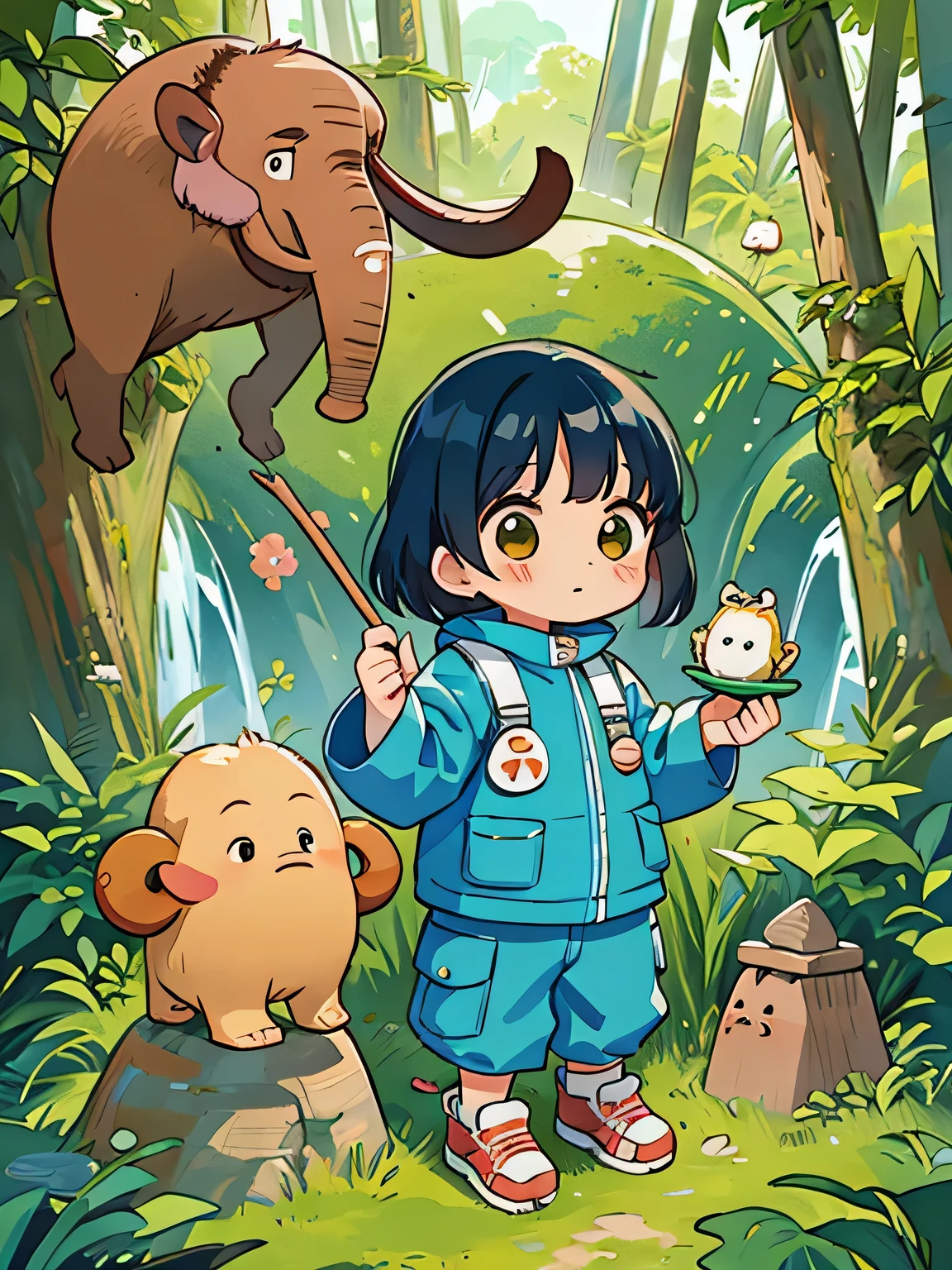 Fujio Akatsuka style、Kawaii Design, ((most beautiful girl ever))、Chibi, (((expedition)))、((Mammoth)), hunting, ((Clothing of primitive man)),
