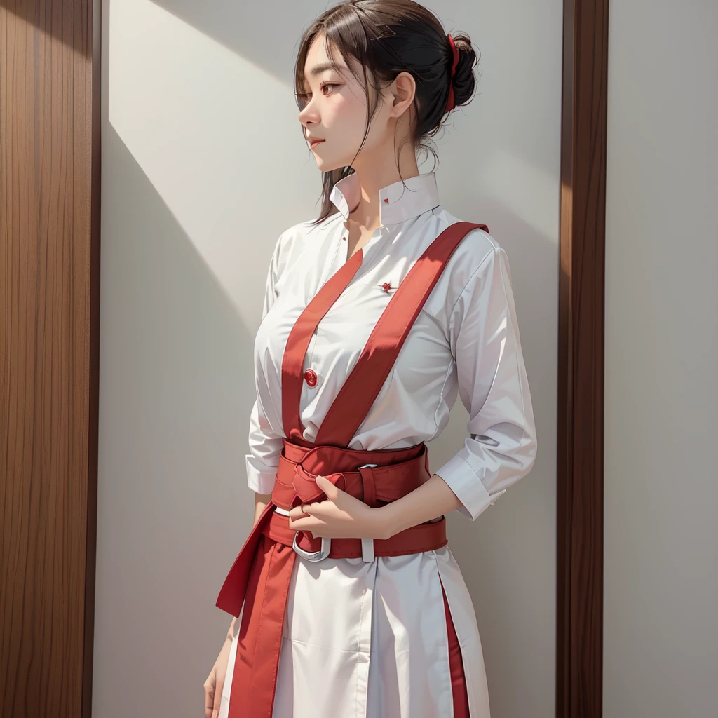 there is a woman in a white shirt with a Red belt on her chest, Niwanchantara, White Ribbon, Profile picture 1024px, Red only, thawan duchanee, Red belt, wonderful masterpiece, Home, 18 years old, White Red, peacefully, July ban, Sakimi Chen, Wearing the principal