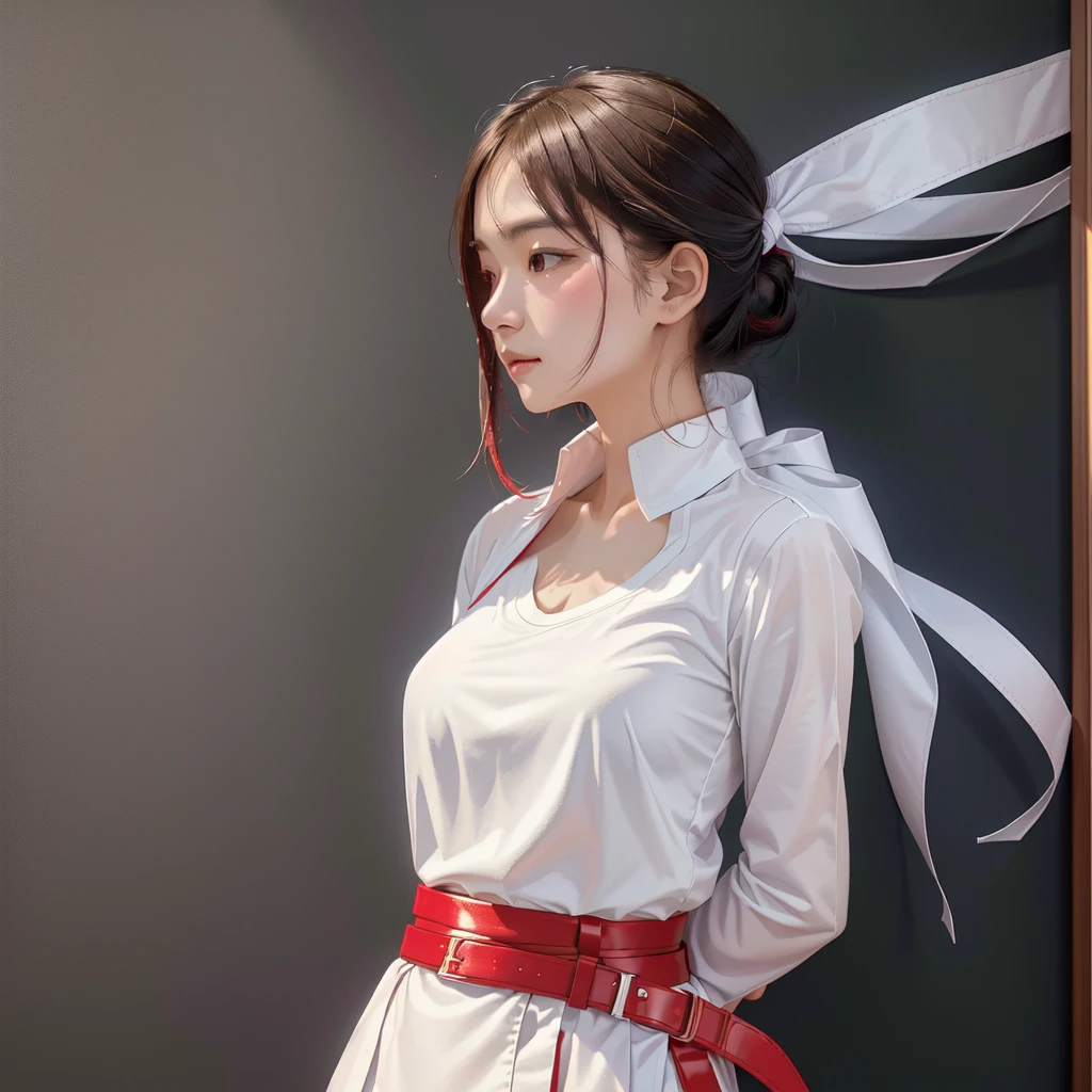 there is a woman in a white shirt with a Red belt on her chest, Niwanchantara, White Ribbon, Profile picture 1024px, Red only, thawan duchanee, Red belt, wonderful masterpiece, Home, 18 years old, White Red, peacefully, July ban, Sakimi Chen, Wearing the principal