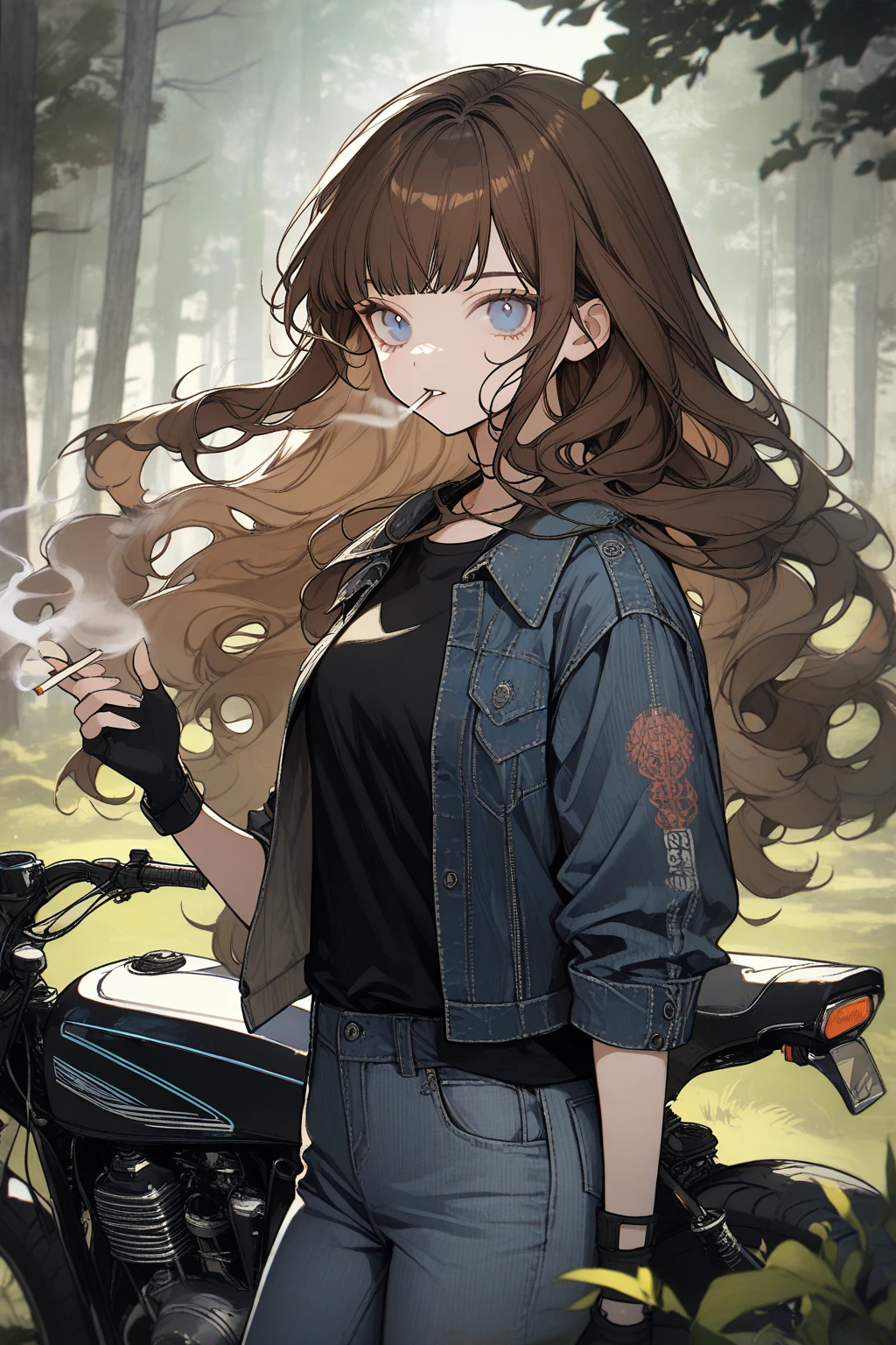 1 girl, CuteStyle, upper body, blue eyes, brown hair, long hair with bangs, flowing hair, standing in the forest, day, light, grass, trees, wind, wearing gray jeans and a black T-shirt, wearing a black denim jacket unbuttoned, black fingerless gloves, holding a cigarette, smoking, cigarette smoke, next to a black motorcycle, looking at the viewer, an evil look, an evil grin, detailed, beautiful, gentle tones