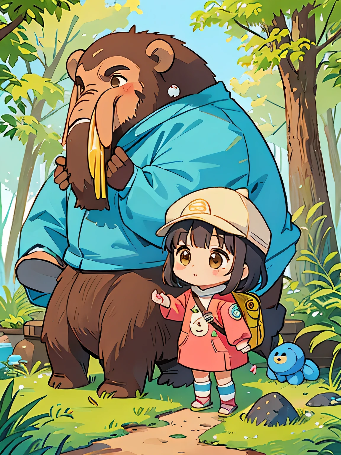 Fujio Akatsuka style、Kawaii Design, ((most beautiful girl ever))、Chibi, (((expedition)))、((Mammoth)), hunting, ((Clothing of primitive man)),