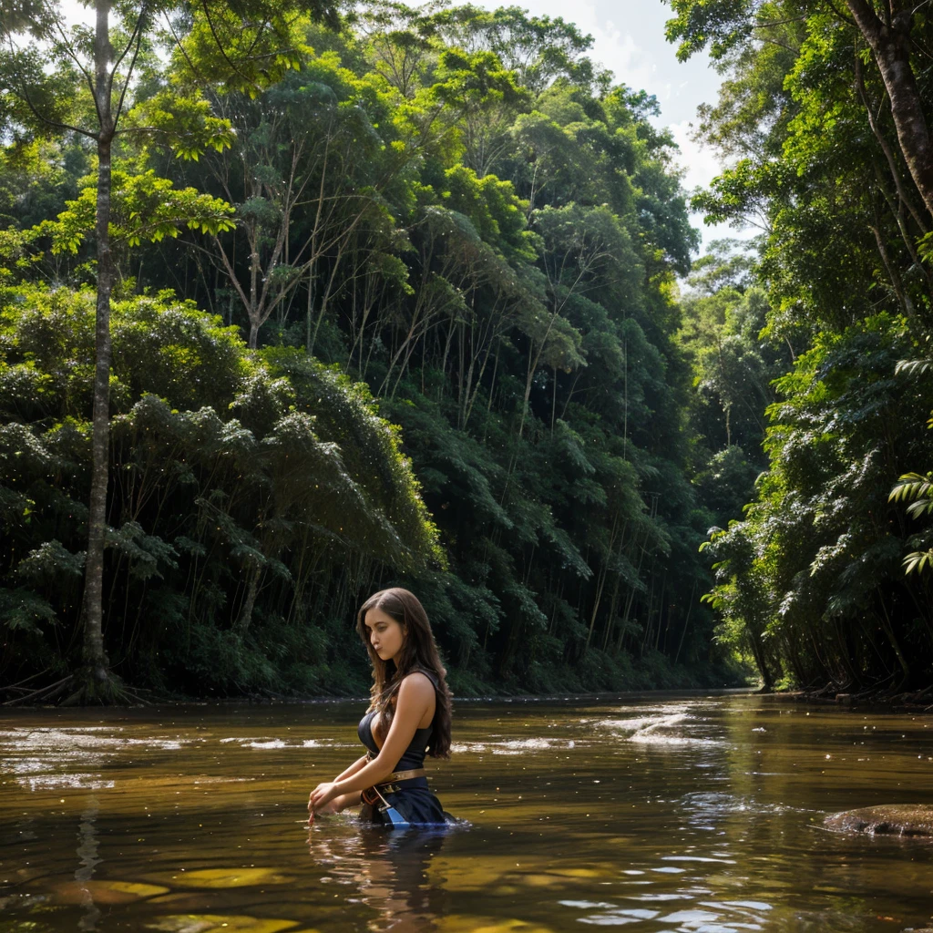 Adriana Lima, thick brown hair, chaude menue, Fille ukrainienne, Wavy brown hair, Dasha Taran, jolie belle brune, (solo one girl : 2.0), ((perfect anatomy)), Imagine uma paisagem visualmente marcante que funde o Estado, capital and nature in the contemporary Amazon. no centro da imagem, depict a dense tropical forest with tall trees, lush vegetation and winding rivers. Nos arredores, integrate symbolic elements of the State, such as stylized government structures and political symbols. Also incorporate capital elements, like subtle economic graphs, dollar signs and business structures, de uma forma que coexista de forma harmoniosa e desafiadora com o ambiente natural. Use a color palette that balances the exuberance of nature with tones that represent institutional power and economic influence. Highlight the complex interaction between these elements, suggesting a visual narrative that questions the relationship between economic development, governance and environmental preservation in the Amazon region. Transmita esta mensagem de forma provocativa e inspiradora, encouraging reflection on the delicate balance that permeates this context