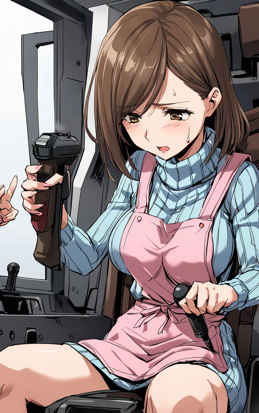 1girl, style of A-1 pictures,light blue sweater dress, pink apron,zemimama,panicking, o o,brown hair, clumsy,  looking down,gundamwingcockpit, joystick, seatbelt, sitting, shoot from front, masterpiece, best quality,