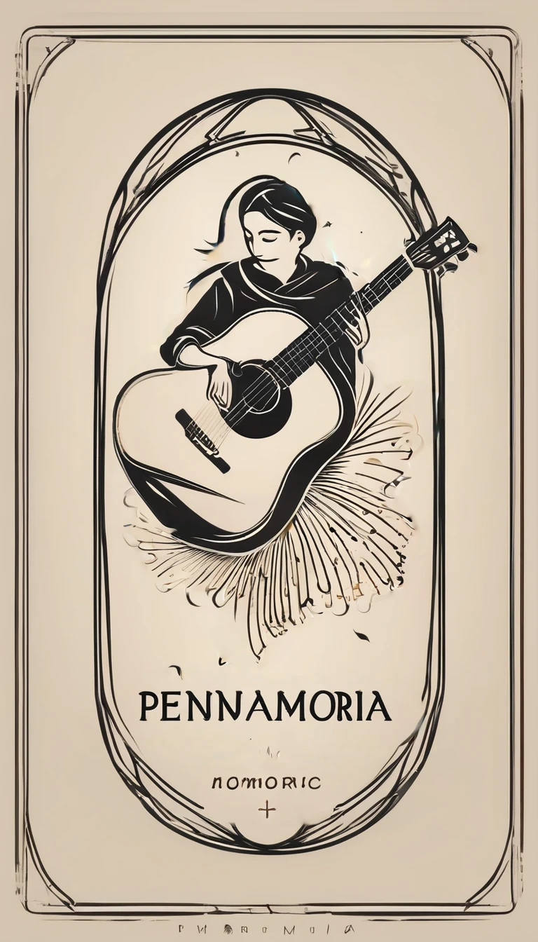 A minimal, modern, simple, cinematic logotype for the brand “Penamemoria". The logotype must be a simple, magical feather and a boy playing acoustic guitar. The logo must convey a sense of music, stories and dreams. Logo design impressed on a book cover. Minimalistic logo