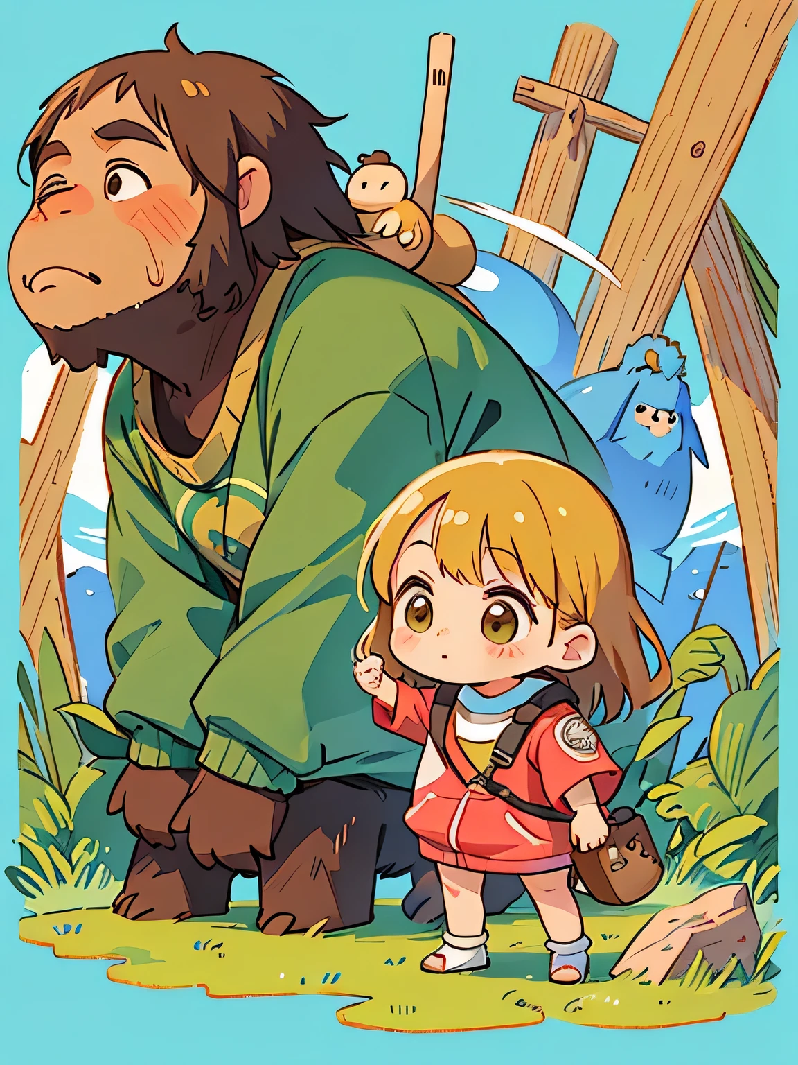 Fujio Akatsuka style、Kawaii Design, ((most beautiful girl ever))、Chibi, (((expedition)))、((Mammoth)), hunting, ((Clothing of primitive man)), 