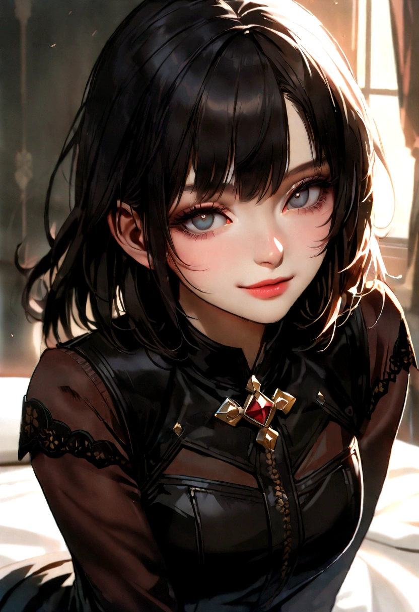 une photo d'une belle fille russe grosse poitrine de 20 ans sur le lit, seductive smile,(Je ne peux pas voir tes mains), Cinematic light, (sharpness), (Realistic matte skin, peau de texture réaliste, Realistic eyes), (grain de peau visible:1.5), (High quality), Fujifilm XT3