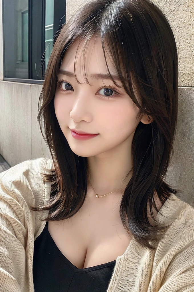 (Black medium hair)、crossbody, strap between breasts、double eyelid、big 、Highest quality, shape, Very detailed, Fine details, High resolution, 8k, Perfect dynamic composition, Beautiful details, ,Natural color lip, A shy smile,Beautiful 20 year old woman、The only person, Correct posture、Cute type、Looking into the camera、Cleavage