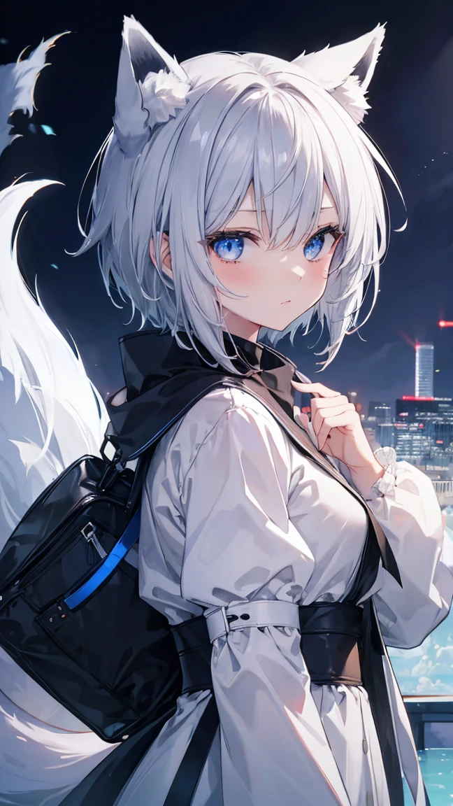 High resolution、Girl、Silver Hair、short hair、Fox Ears、Fox&#39;s Tail、blue eyes、Slender、Small breasts、Ocean,Ocean軍、On board,horizontal line