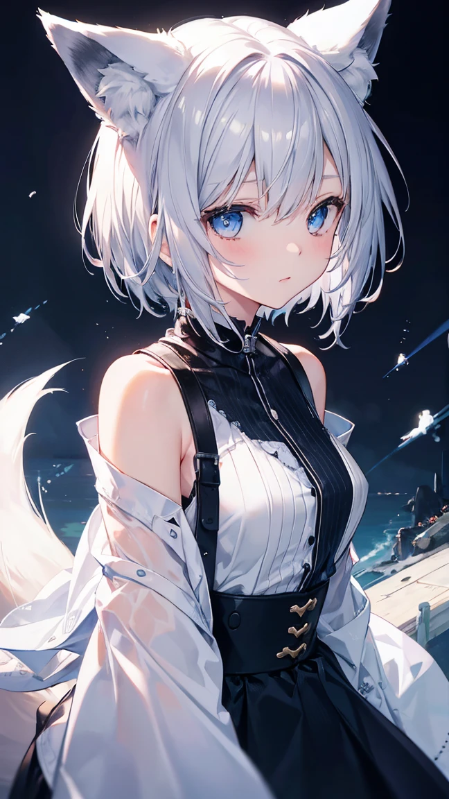 High resolution、Girl、Silver Hair、short hair、Fox Ears、Fox&#39;s Tail、blue eyes、Slender、Small breasts、Ocean,Ocean軍、On board,horizontal line