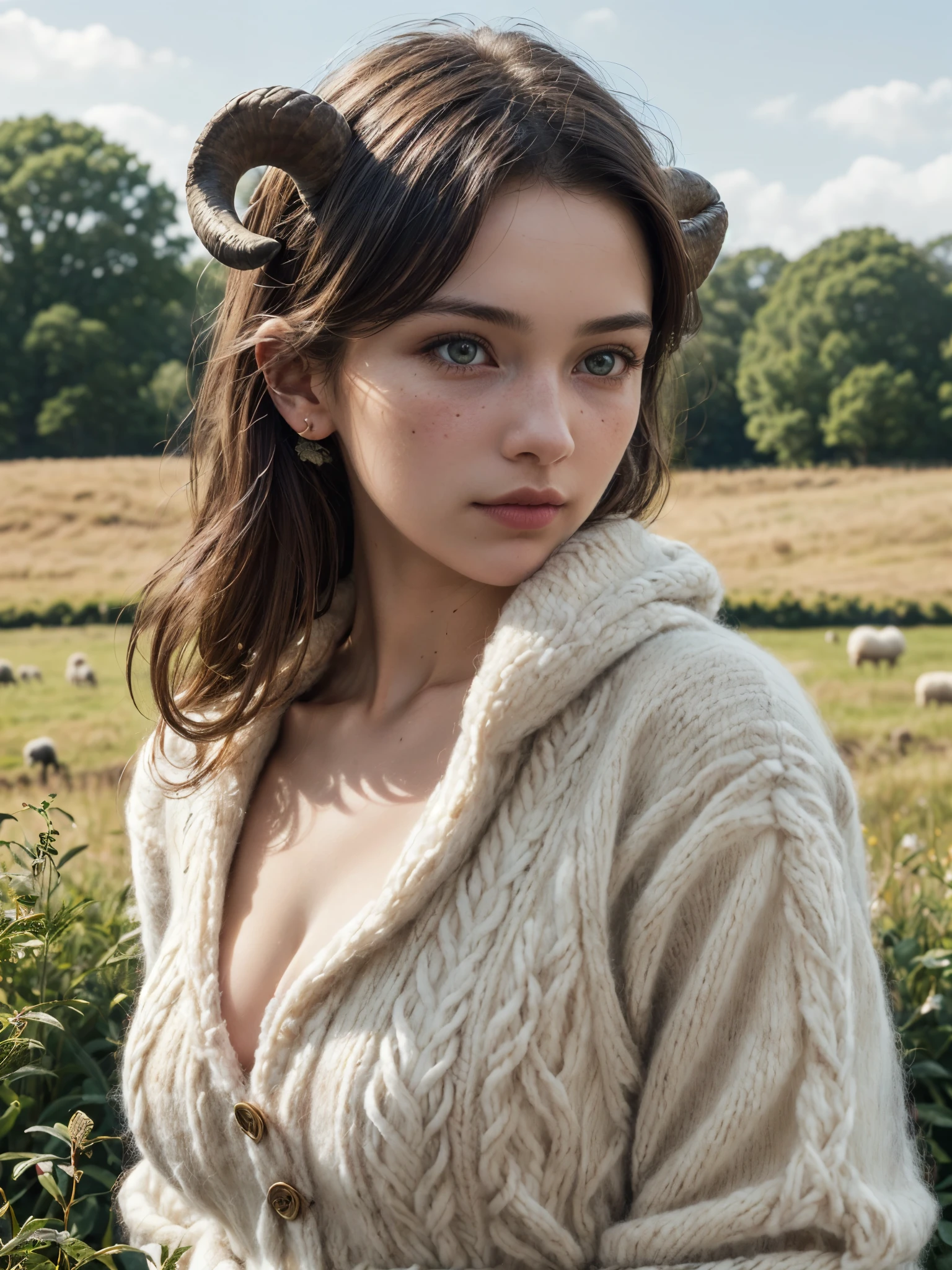 1girl, sheepgirl, (fluffy wool clothing:1.2), (delicate sheep horn), detailed face, savannah, perched grasslands, cleavage, batik lace, highly detailed, ultra hd, 8k, dynamic angle, (hyperrealistic, high resolution, masterpiece, photorealistic, natural light, detailed hair, caramel, in the garden), (yo, cute:1.3), (breasts:1.2),