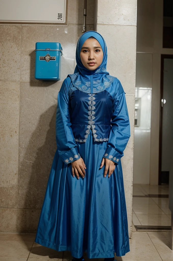 Perempuan berhijab biru memakai gamis biru sedang berdiri