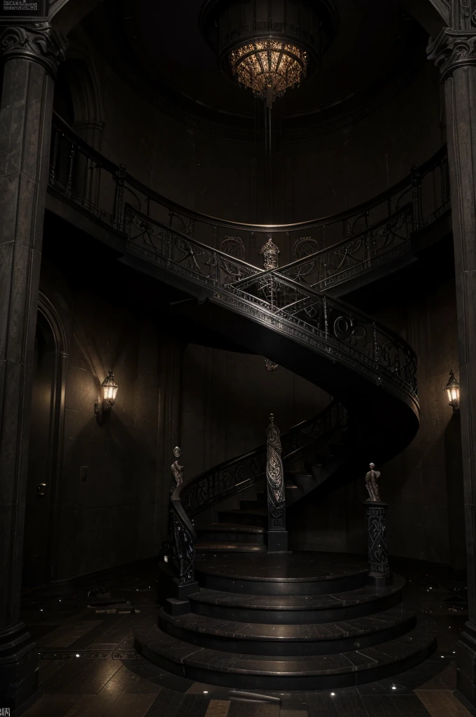 a dark gothic style elegant and metallic spiral staircase with many details,(best quality,8k,highres,masterpiece:1.2),ultra-detailed,realistic,photorealistic,photo-realistic:1.37,intricate architecture,ornate design,dramatic lighting,moody atmosphere,heavy metal textures,industrial interior,abandoned castle,fantasy environment,cinematic composition