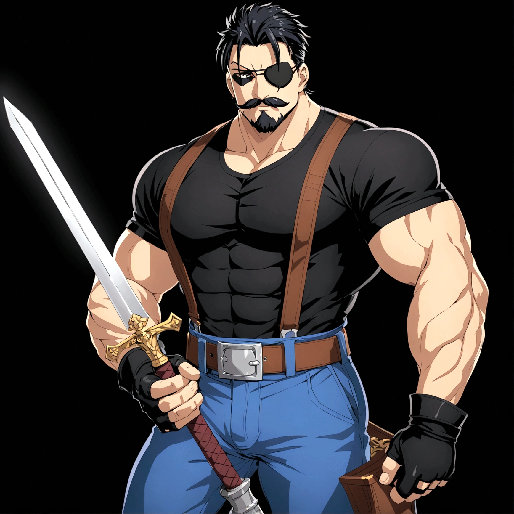 Fullmetal Alchemist，King Bradley，solo, looking at viewer, short hair, simple background, shirt, black hair, gloves, 1boy, holding, full body, weapon, male focus, boots, belt, pants, sword, fingerless gloves, holding weapon, black shirt, muscular, facial hair, holding sword, eyepatch, suspenders, pectorals, muscular male, black background, bara, beard, mature male, mustache, blue pants, covered abs, tight shirt
