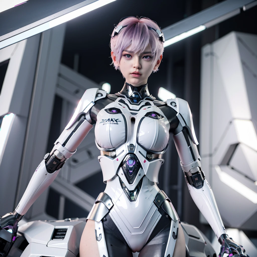 a girl with a sleek and attractive robotic body, featuring high-tech components. She has short pink hair, purple eyes, and an angry expression. She is wearing a mask that partially obscures her face, with her polished mechanical limbs and torso emphasizing her allure despite her intense emotions. ((white cyber masker)), ((body position standing upright)), close up,1girl, ((Close up))