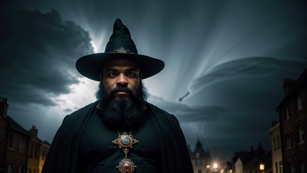 ((Masterpiece:1.2, Best quality)), (dark magic), 1man, Solo, (Witch hat), aurora, Night, Star (sky), mitts, sky, Night days, (goaty beard, bald head,) muscles, abstract colors, texture, film grain, skin pores:0.1 hasselblad dslr RAW photo, backlit intricate dramatic portrait of an handsome black bodybuilder wizard casting a spell, standing on medieval fantasy city (cobblestone street)1.2, foggy morning,  cinematic movie still frame, (analog style)1.3 (film grain)1.3, (storm:1.2), (face focus:1.5), (bloom:1.1), Red glowing eyes,