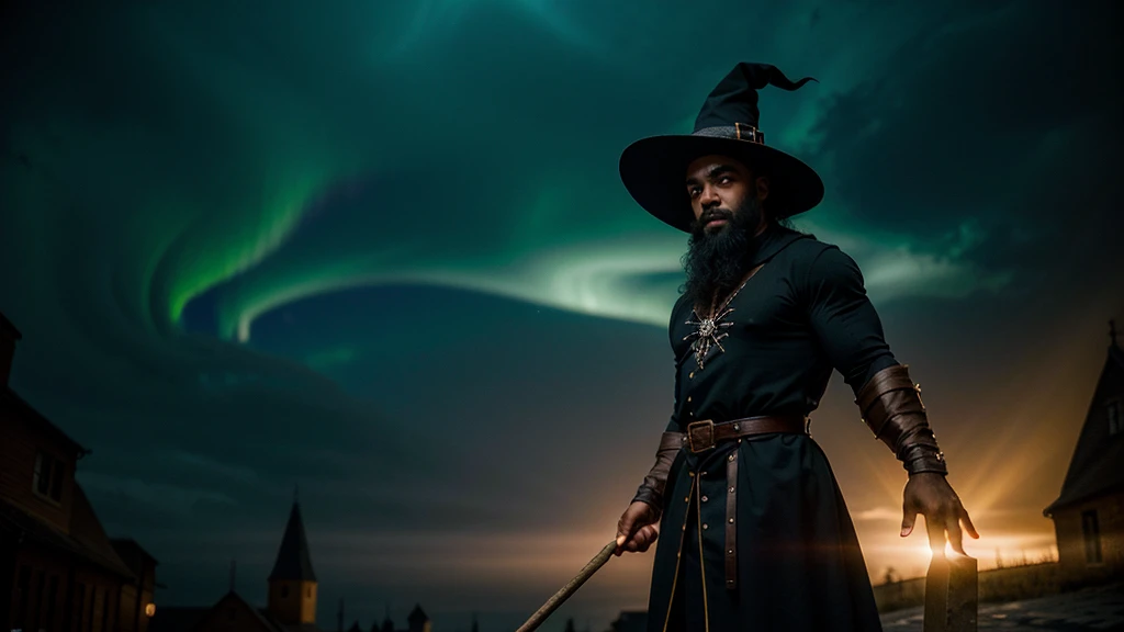 ((Masterpiece:1.2, Best quality)), (dark magic), 1man, Solo, (Witch hat), aurora, Night, Star (sky), mitts, sky, Night days, (goaty beard, bald head,) muscles, abstract colors, texture, film grain, skin pores:0.1 hasselblad dslr RAW photo, backlit intricate dramatic portrait of an handsome black bodybuilder wizard casting a spell, standing on medieval fantasy city (cobblestone street)1.2, foggy morning, cinematic movie still frame, (analog style)1.3 (film grain)1.3, (storm:1.2), (face focus:1.5), (bloom:1.1), Red glowing eyes,