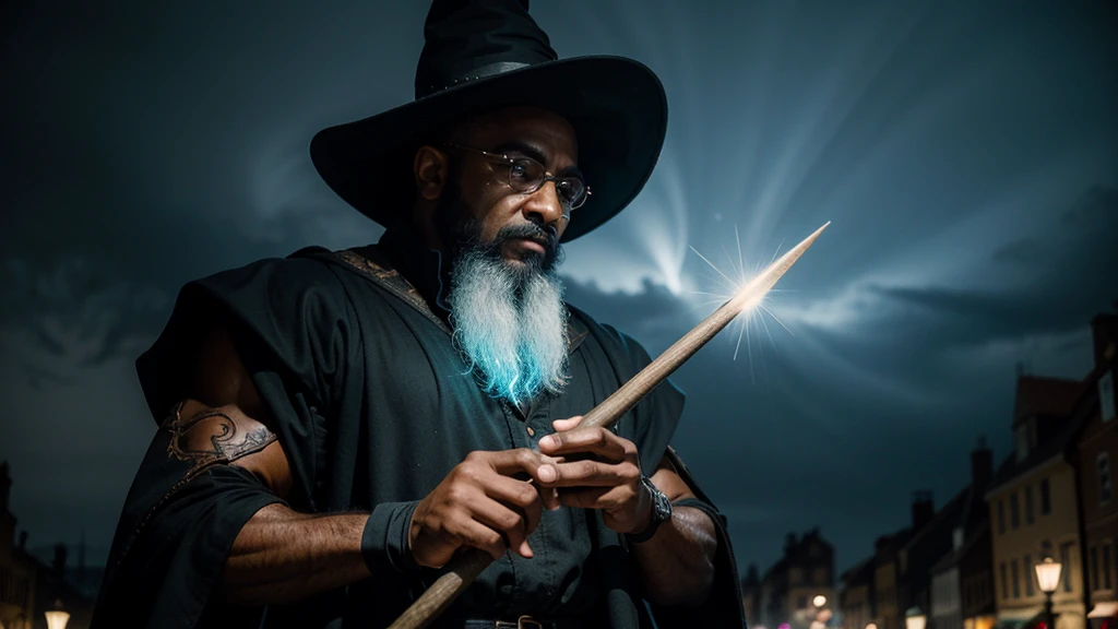 ((Masterpiece:1.2, Best quality)), (dark magic), 1man, Solo, (Witch hat), aurora, Night, Star (sky), mitts, sky, Night days, (goaty beard, bald head,) muscles, abstract colors, texture, film grain, skin pores:0.1 hasselblad dslr RAW photo, backlit intricate dramatic portrait of an handsome black bodybuilder wizard casting a spell, standing on medieval fantasy city (cobblestone street)1.2, foggy morning,  cinematic movie still frame, (analog style)1.3 (film grain)1.3, (storm:1.2), (face focus:1.5), (bloom:1.1), Red glowing eyes,