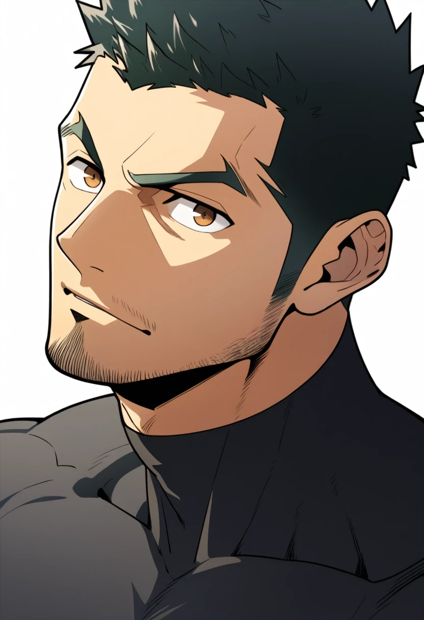 one negro, anime characters:Gyee, Priapus, 1 muscle man, ????? black skin, Very Black, muscular tough guy, Manliness, male focus, Grey long sleeve turtleneck tight t-shirt, ery tight, muscular male, muscular, only, Upper body, alone, Black short hair, Thick eyebrows, stubble, Brown eyes, White background, simple background, amazing quality, best aesthetics, Ridiculous, bright pupils, crew cut, parted lips, v-shaped eyebrows, jitome, best quality