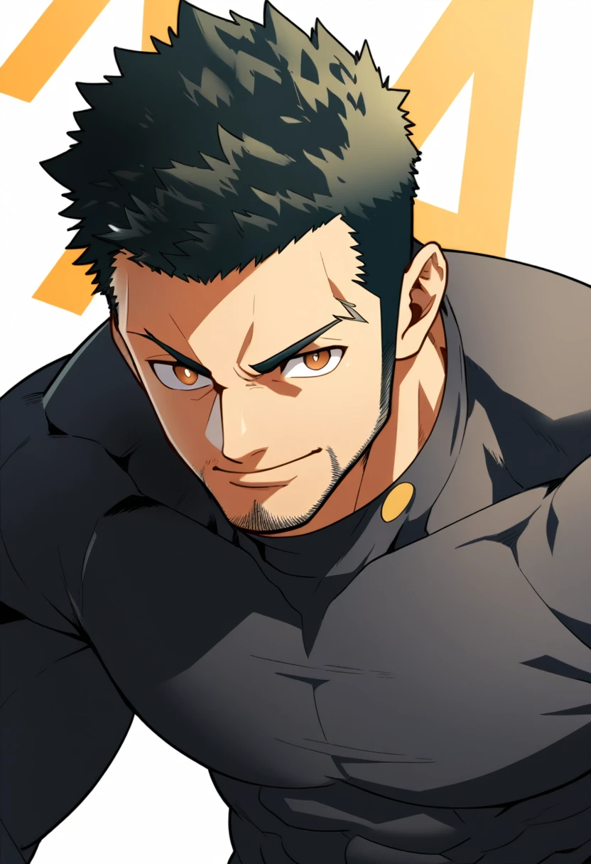 one negro, anime characters:Gyee, Priapus, 1 muscle man, negro black skin, Very Black, muscular tough guy, Manliness, male focus, Grey long sleeve turtleneck tight t-shirt, ery tight, muscular male, muscular, only, Upper body, alone, Black short hair, Thick eyebrows, stubble, Brown eyes, White background, simple background, amazing quality, best aesthetics, Ridiculous, bright pupils, crew cut, parted lips, v-shaped eyebrows, jitome, best quality