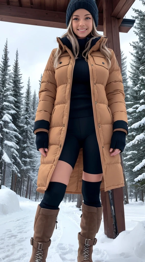 full length, On his feet are winter boots-Erossovki,A Canadian woman, 25 years old full height,you can see all the beautiful body, A slim body, , in an unbuttoned winter jacket, bare breasts and erect nipples are visible, in black cycling shorts and knee-length socks, ., smiling, ski resort cafe, winter, Cozy atmosphere, realistic, whole body, sky boots