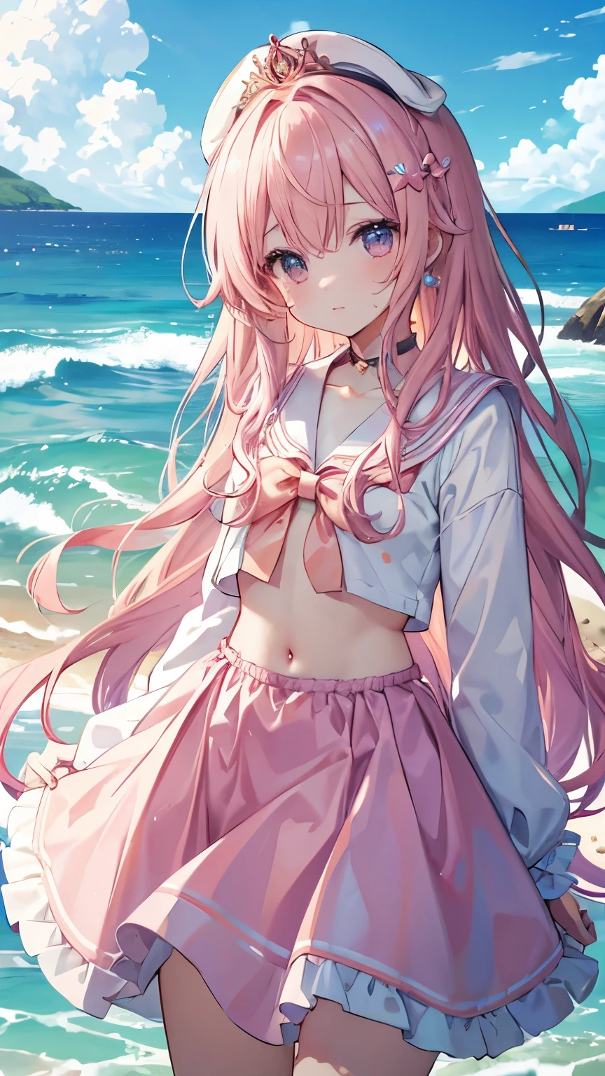 Highest quality:1.1)、(masterpiece:1.2)、(solo)、(Close-up)、、(Pink gold hair)、(Peach eyes,)、、young、pink gold long hair,Long Hair、(Lori)、(Flat Chest)、low length,Frills,(Princess),Navel sticking out、(Pet Collars)、Sailor suit,Ocean軍,Wet with sweat,On board,horizontal line,Ocean,blue sky