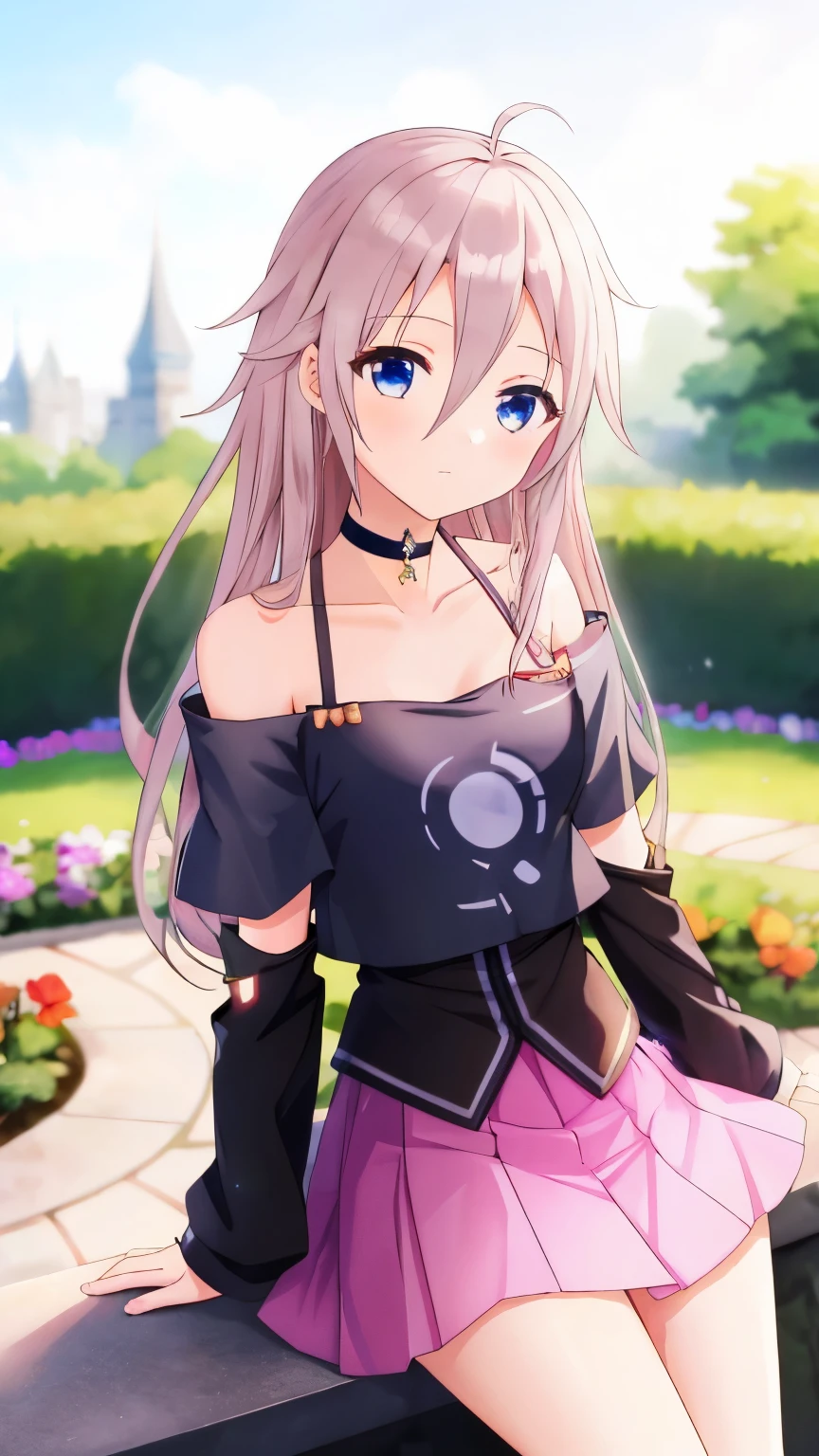 one girl, IA, vocaloid, skirt, black shirt, off shoulder, choker, beautiful, upperbody, cool, sing a tune, in garden