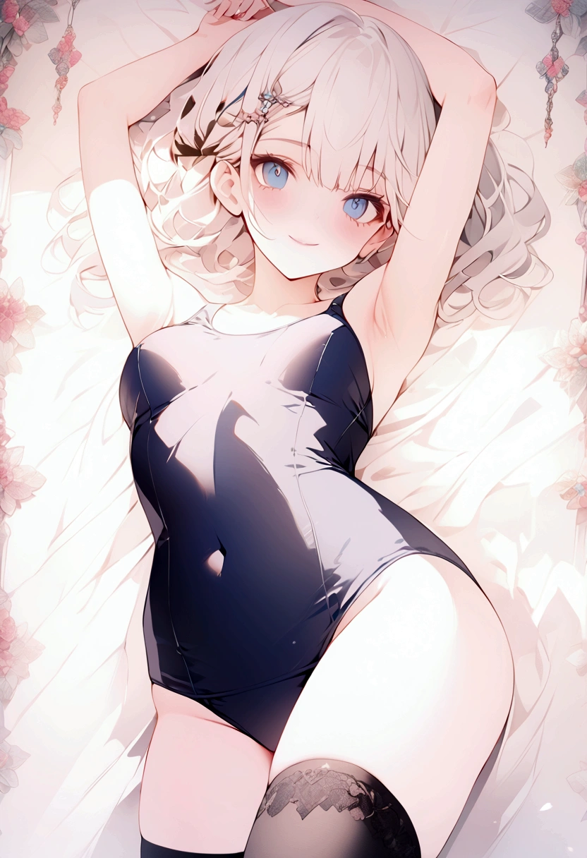 beautiful, masterpiece, Highest quality, anime, One girl, C Cup,Portrait Shot, View your viewers, Intricate details,>,((Covered、Short Hair、nearby、Blue Eyes、art、White hair,Blue streaked hair、wallpaper、silk_White Knee Highs、hairpin、smile、Thighs、、lotion、Lying on your back、Armpit、silk_White school swimsuit
