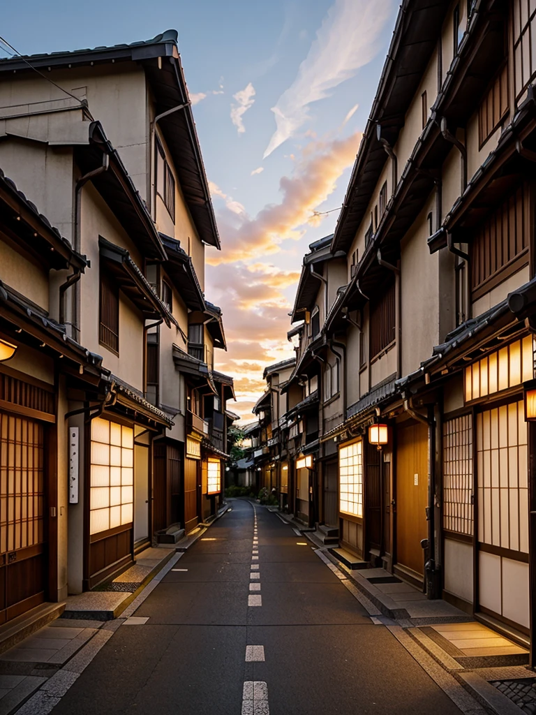Very beautiful japanese street, peaceful, dramatic lighting, sunset