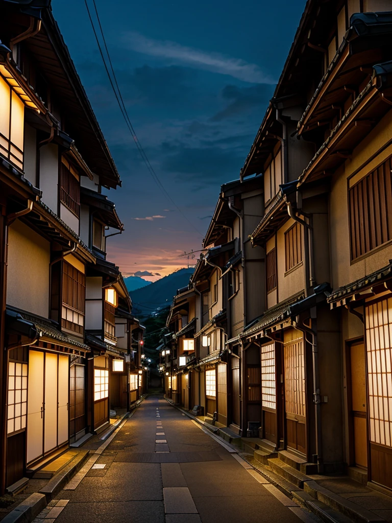 Very beautiful japanese street, peaceful, dramatic lighting, sunset
