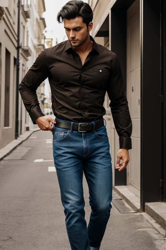 male, black brown hair, side parted, long shirt, jeans, black belt