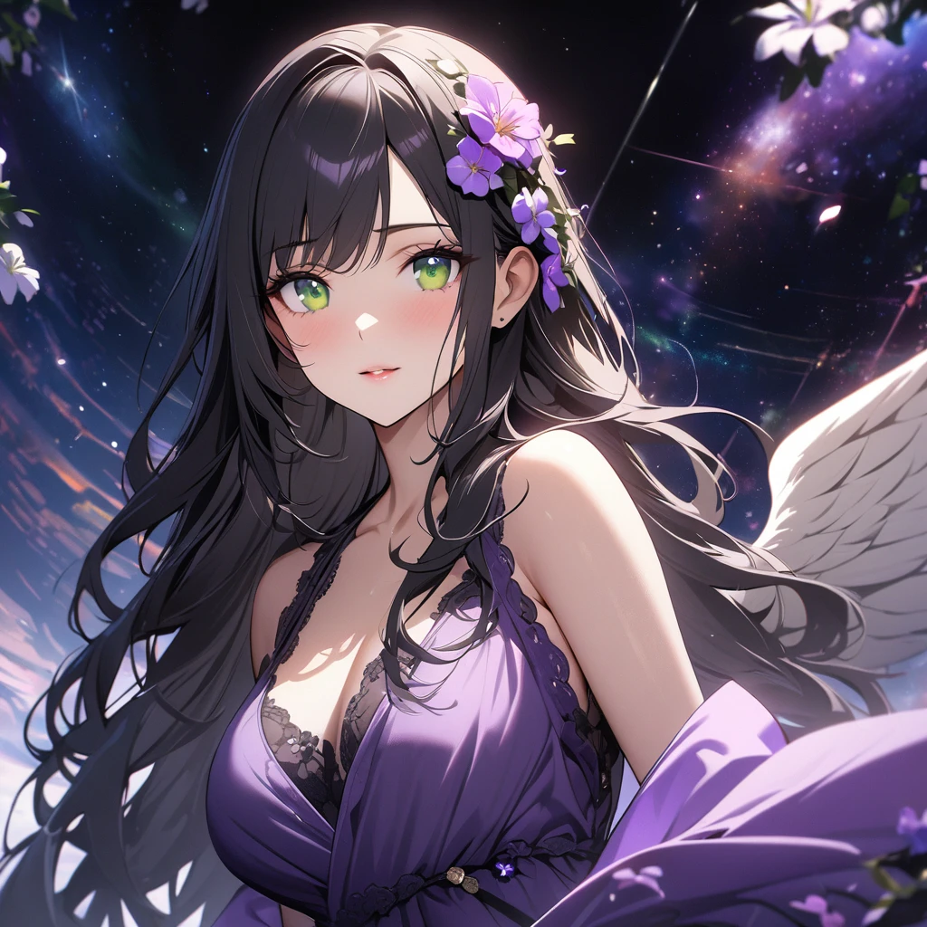 girl, beautifull, pretty, long hair, mature woman, beautiful purple dress, black hair, green eyes, super detail, flower on hair, gorgeous, beautiful universe backround, angel