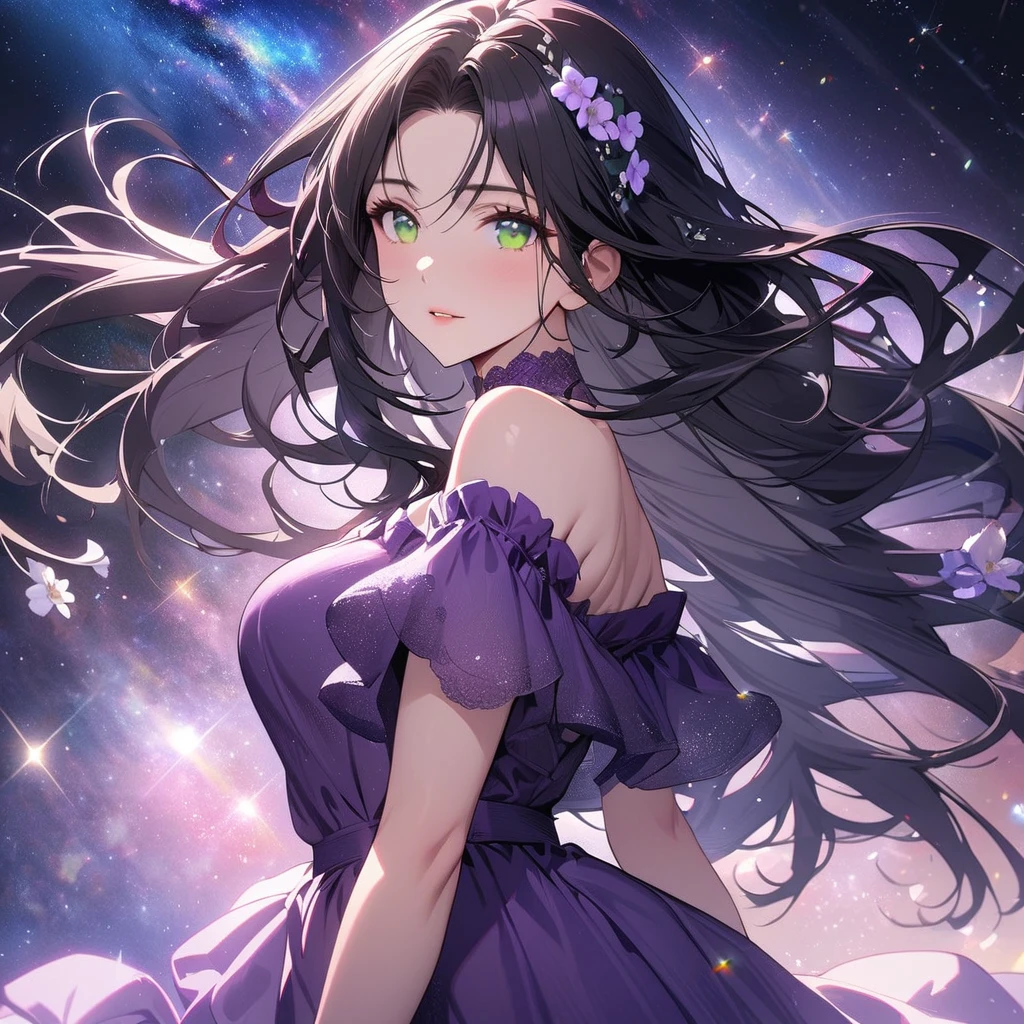 girl, beautifull, pretty, long hair, mature woman, beautiful purple dress, black hair, green eyes, super detail, flower on hair, gorgeous, beautiful universe backround, angel