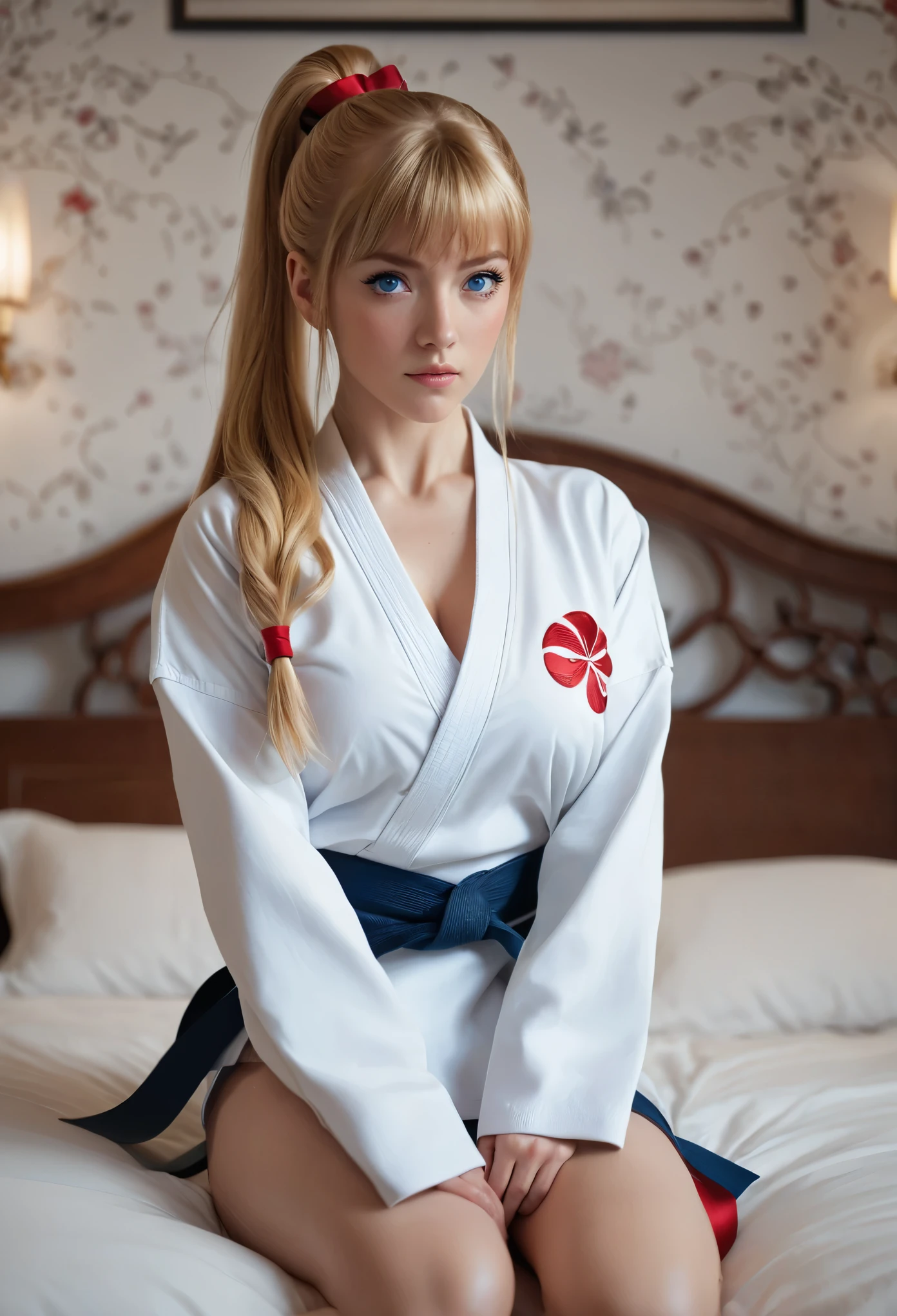 masterpiece, Ultra-high-definition CG, Highest quality, Perfect photo, alone, Lydia Sobieska (Iron fist, Blonde hair in a high ponytail, blue eyes, Red Hair Bow, strong), Wearing a sexy karate uniform, Sitting on the bed, Turn to the side, Blushing, Show your shoulders, In a European mansion