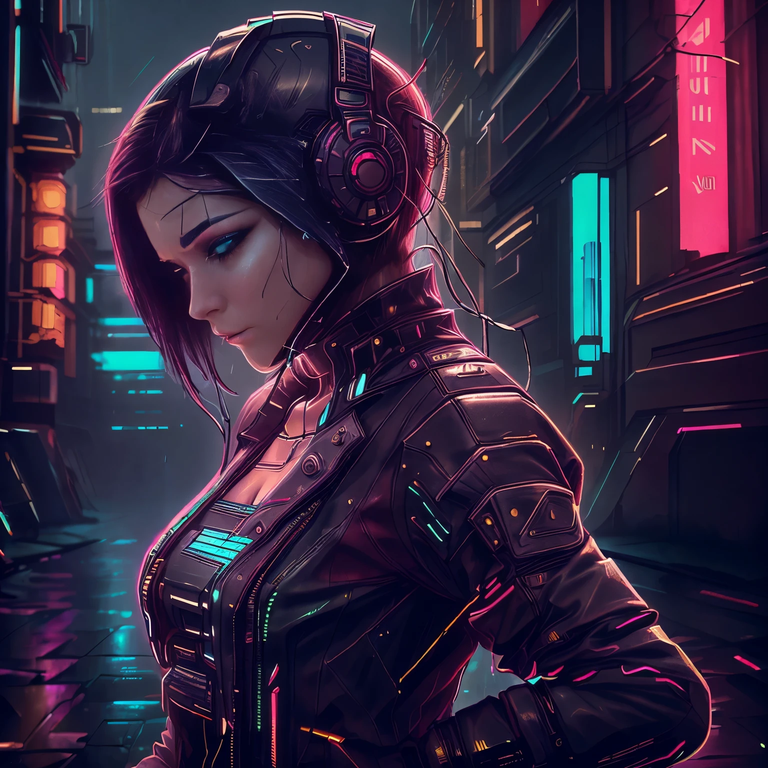 Amidst the rain-soaked, neon-lit streets of a cyberpunk city, a young girl stands alone. Her short, raven-black hair clings to her pale face, highlighting her sorrowful eyes. A sleek mechanical arm glints under the streetlights, and her legs, both cybernetic, hum softly with each movement. Clad in a worn leather jacket with LED patches, she grips a rusted pendant tightly. Rain mingles with her silent tears as she gazes into the distance, a lonely figure in a dystopian world.