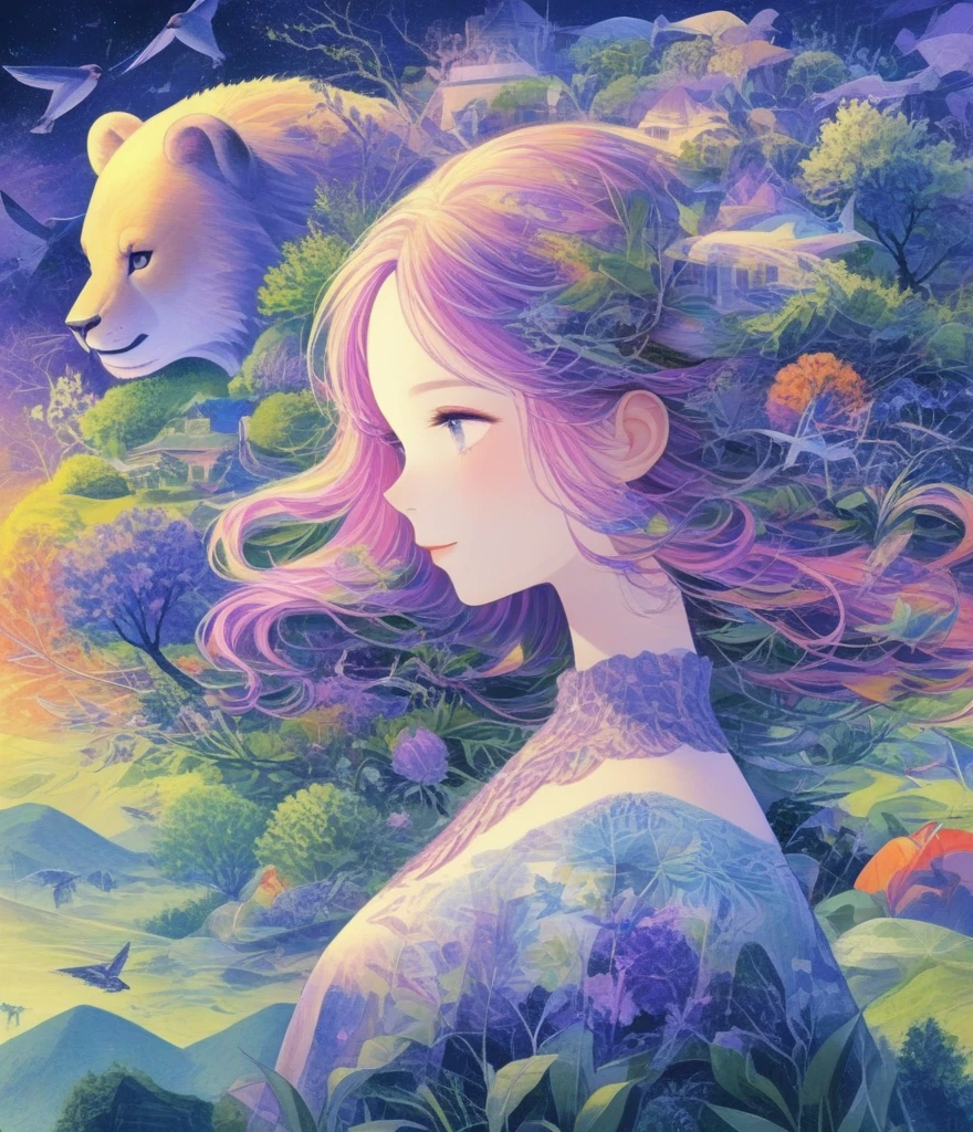 (Panorama, center, masterpiece, Highest quality: 1.2), Fantasy Illustration, Lion, bear, Big Circus, Clown performing magic, Evoke the magic. In purple hues, The background blends in with his hair., Creates an atmosphere of tranquility、Create harmonious compositions that capture the beauty of nature。. This illustration symbolizes the harmony between humans and the environment., Focus on the face，((Ultra high color saturation，Vibrant colors))